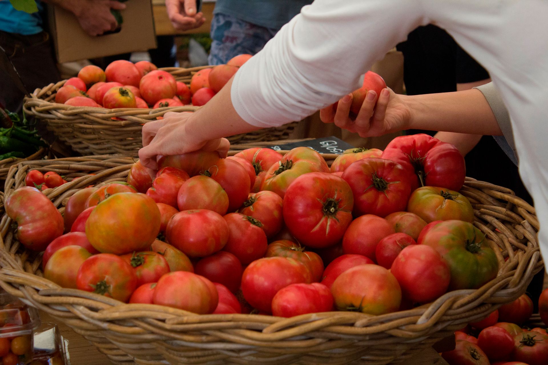 Customers selecting tomatoes at local market
